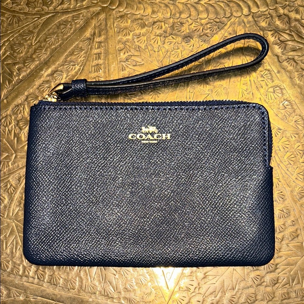 Coach Midnight Blue Leather Wristlet with Gold Accents